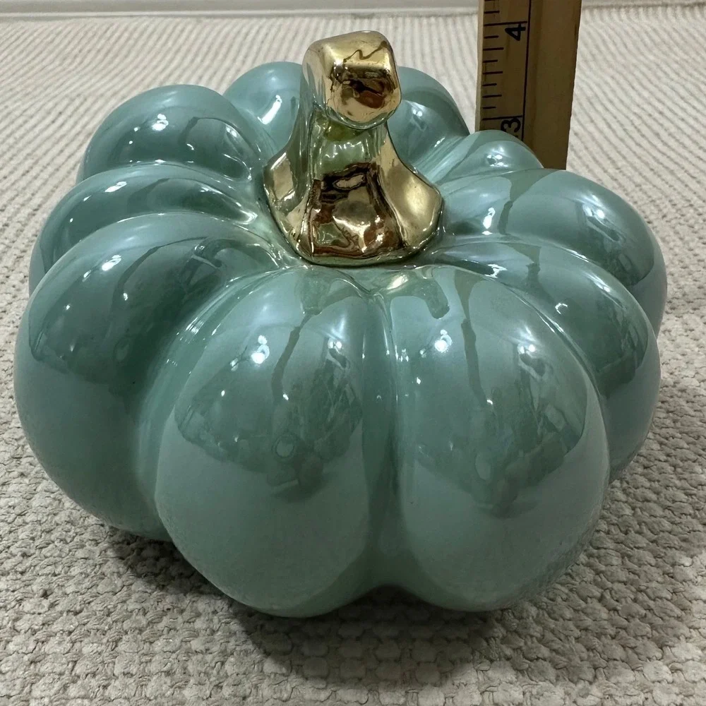 Ceramic Pumpkin Figurine Sage Green Teal Glossy Glaze Gold Stem Fall Decor 5.5
